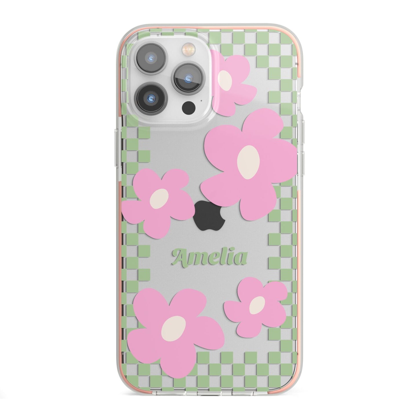 Personalised Check Floral iPhone 13 Pro Max TPU Impact Case with Pink Edges
