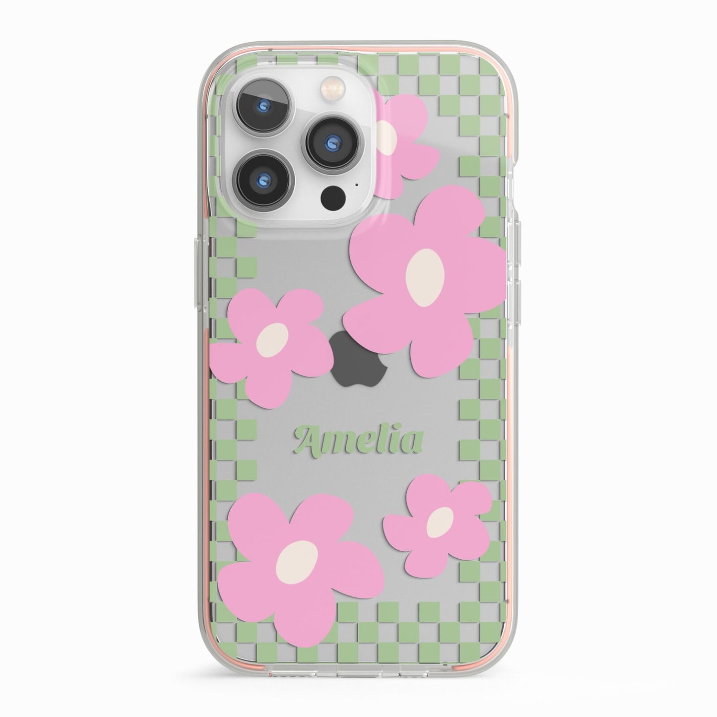 Personalised Check Floral iPhone 13 Pro TPU Impact Case with Pink Edges