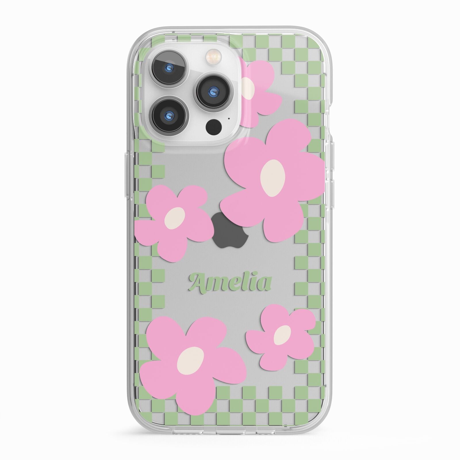 Personalised Check Floral iPhone 13 Pro TPU Impact Case with White Edges