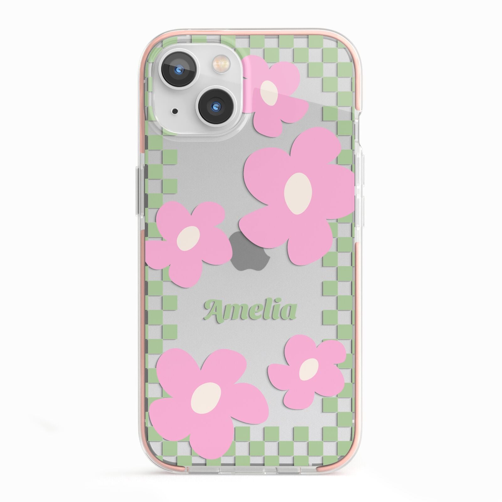 Personalised Check Floral iPhone 13 TPU Impact Case with Pink Edges