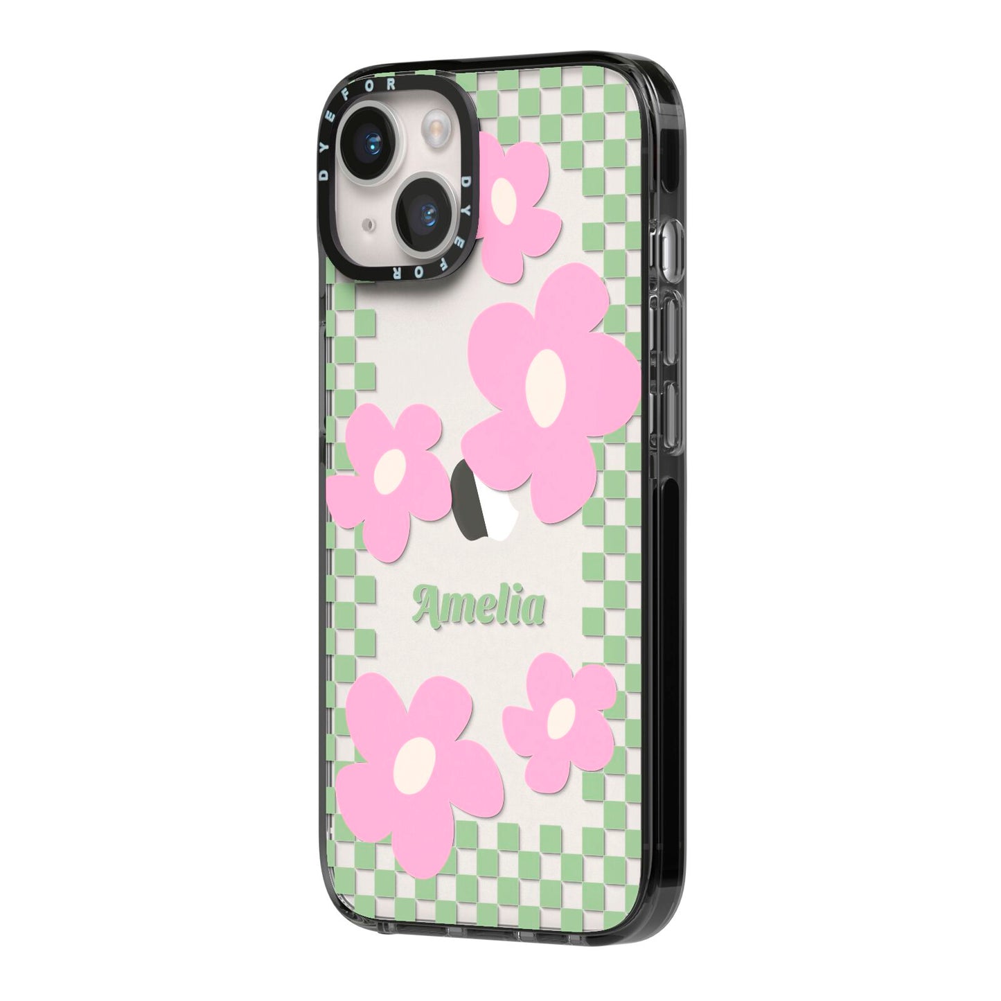 Personalised Check Floral iPhone 14 Black Impact Case Side Angle on Silver phone