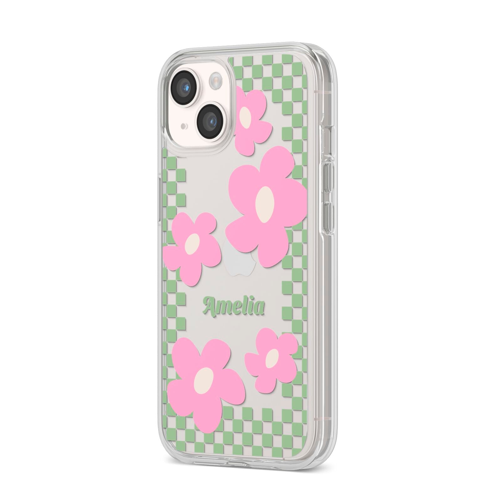 Personalised Check Floral iPhone 14 Clear Tough Case Starlight Angled Image