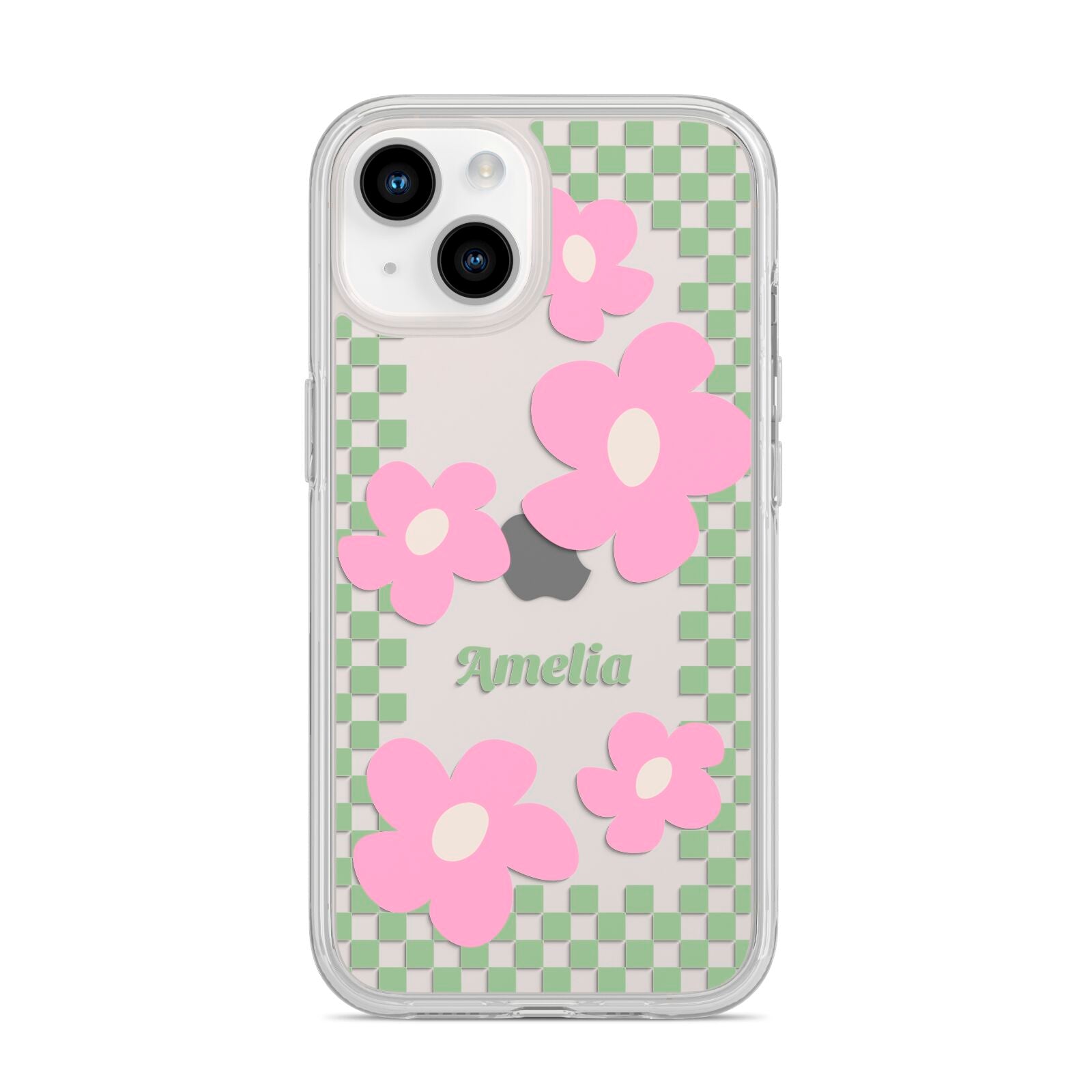 Personalised Check Floral iPhone 14 Clear Tough Case Starlight