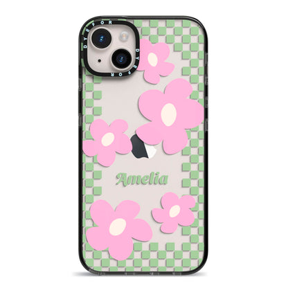 Personalised Check Floral iPhone 14 Plus Black Impact Case on Silver phone