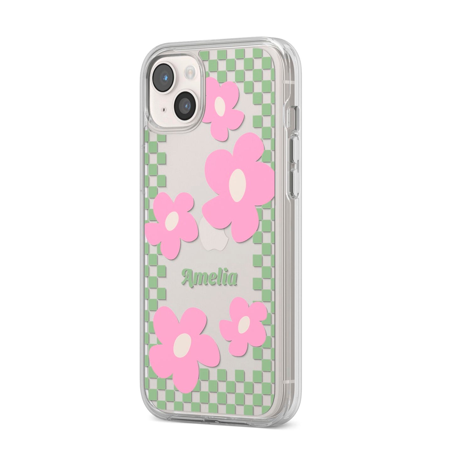 Personalised Check Floral iPhone 14 Plus Clear Tough Case Starlight Angled Image
