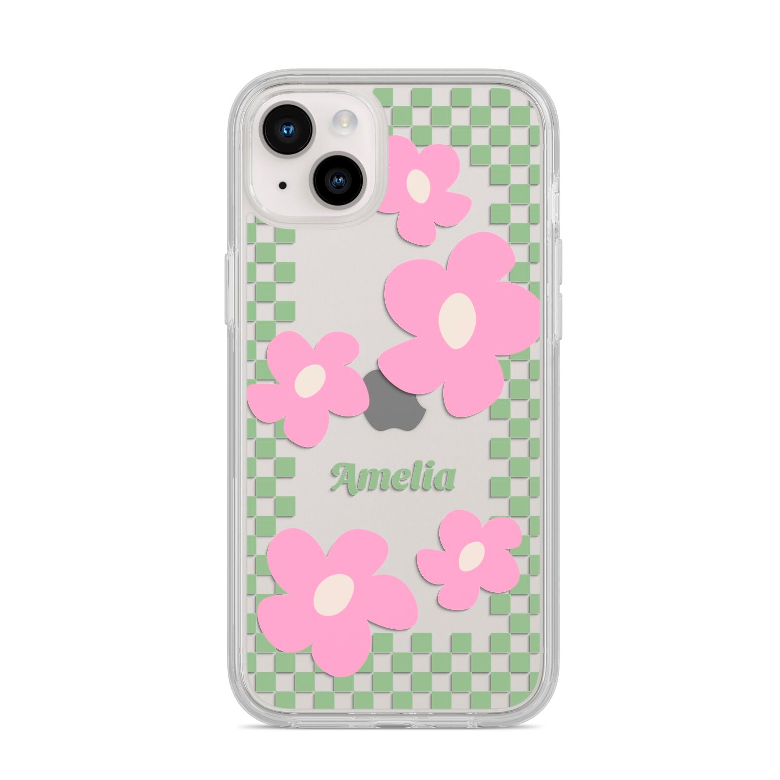 Personalised Check Floral iPhone 14 Plus Clear Tough Case Starlight