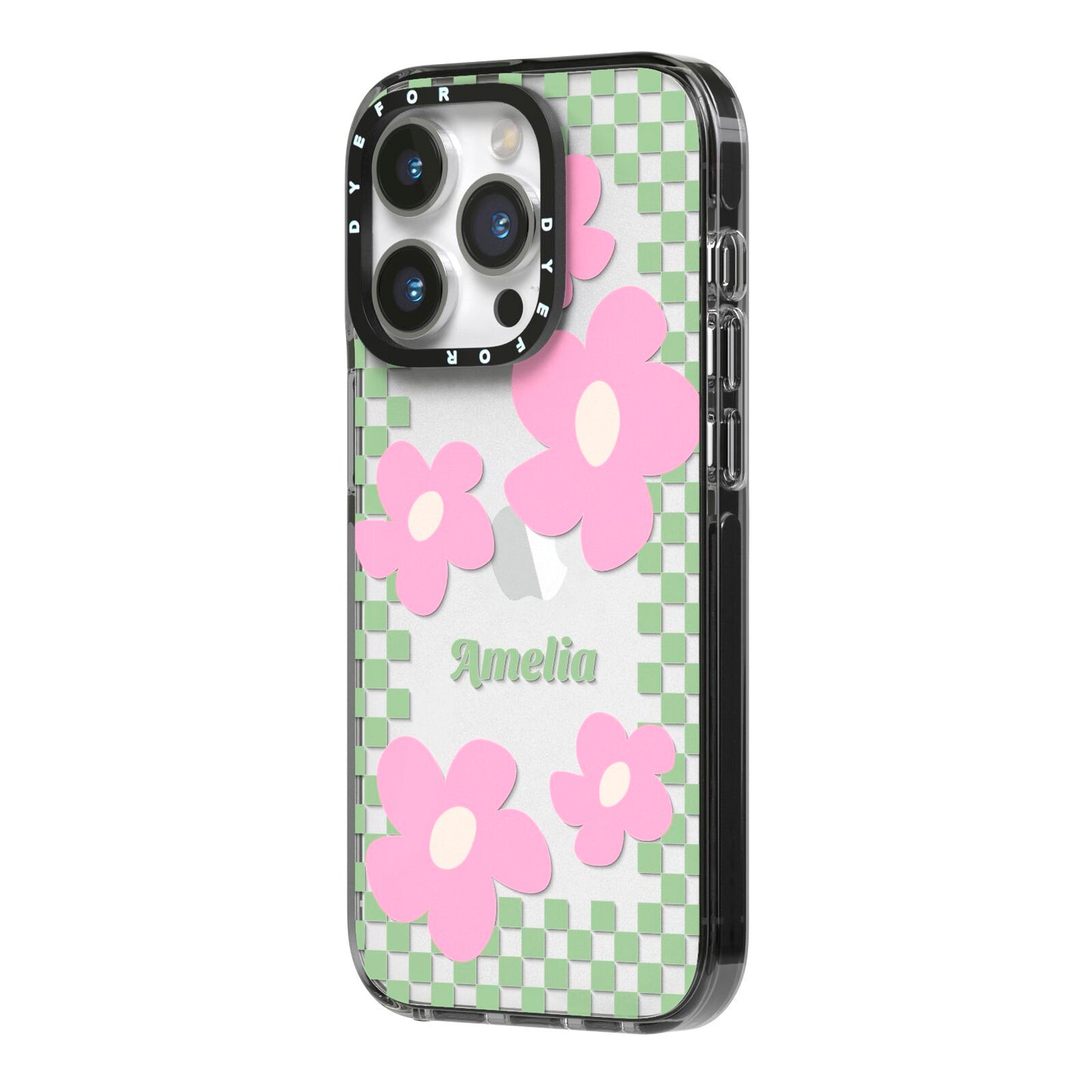 Personalised Check Floral iPhone 14 Pro Black Impact Case Side Angle on Silver phone