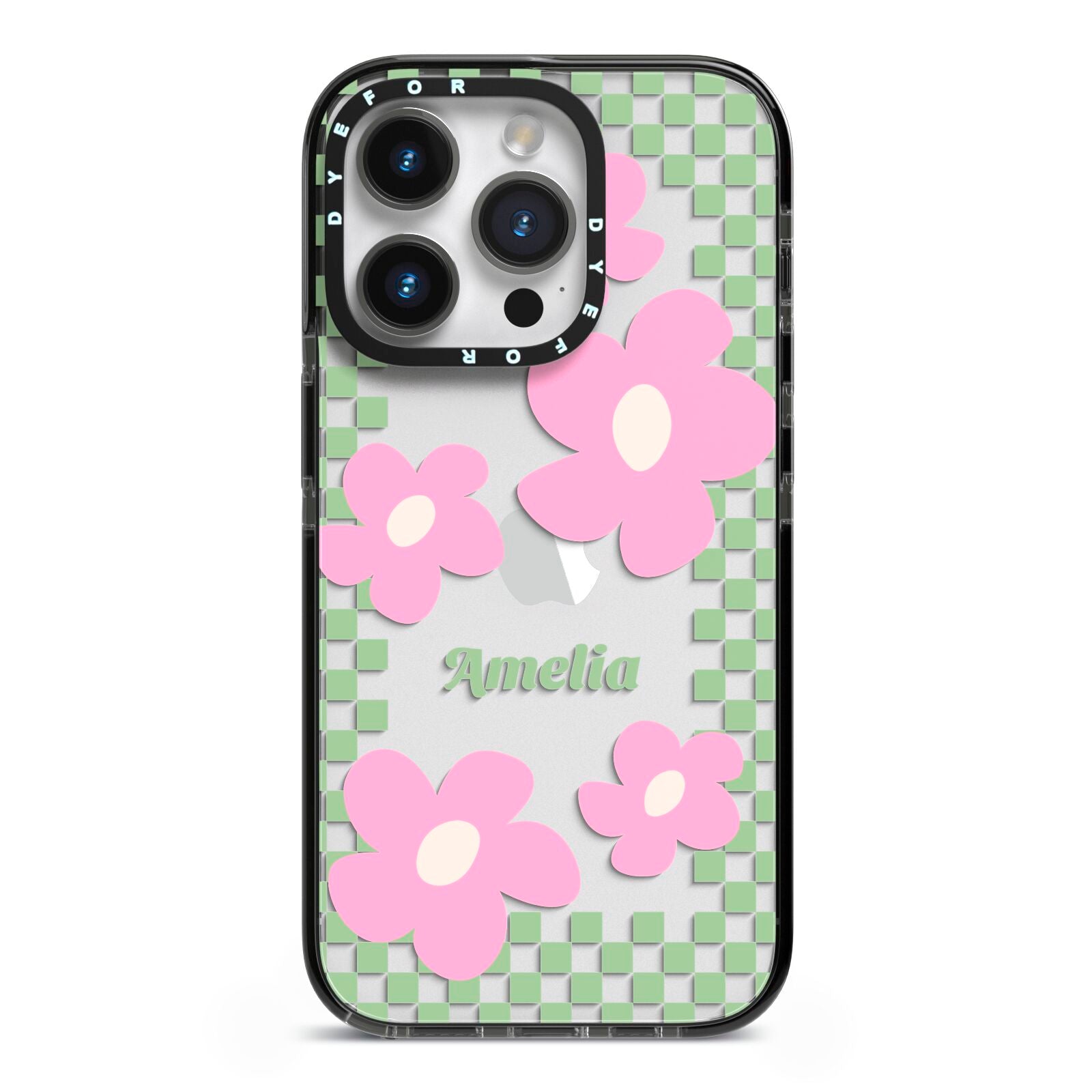 Personalised Check Floral iPhone 14 Pro Black Impact Case on Silver phone