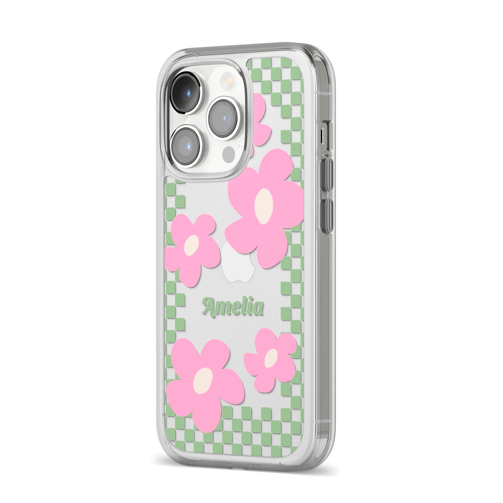 Personalised Check Floral iPhone 14 Pro Clear Tough Case Silver Angled Image