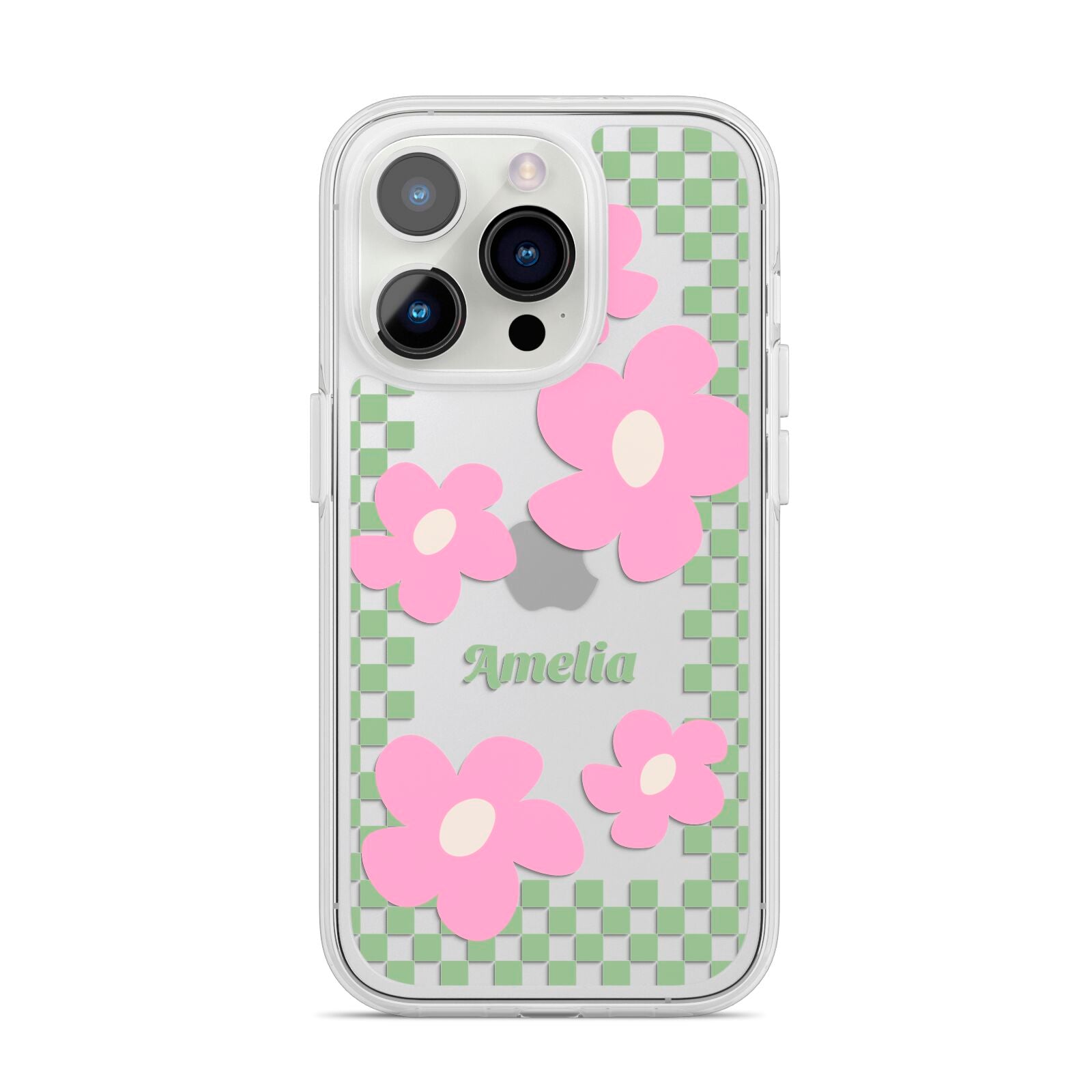 Personalised Check Floral iPhone 14 Pro Clear Tough Case Silver