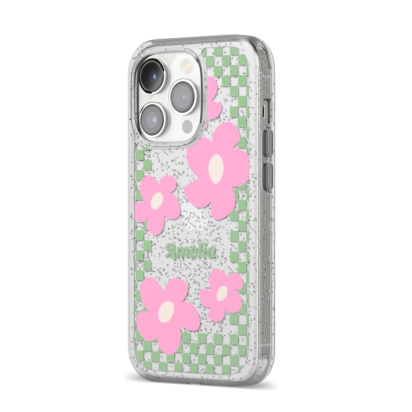 Personalised Check Floral iPhone 14 Pro Glitter Tough Case Silver Angled Image