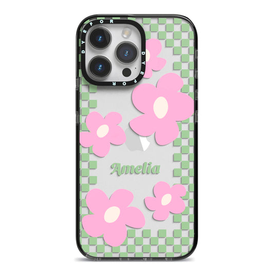 Personalised Check Floral iPhone 14 Pro Max Black Impact Case on Silver phone
