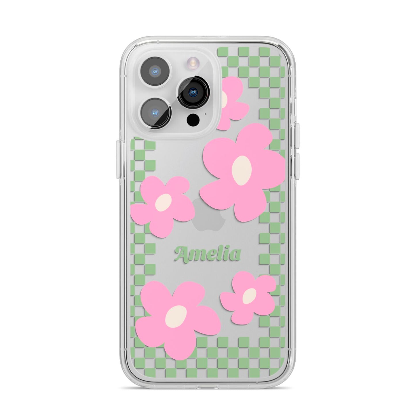 Personalised Check Floral iPhone 14 Pro Max Clear Tough Case Silver