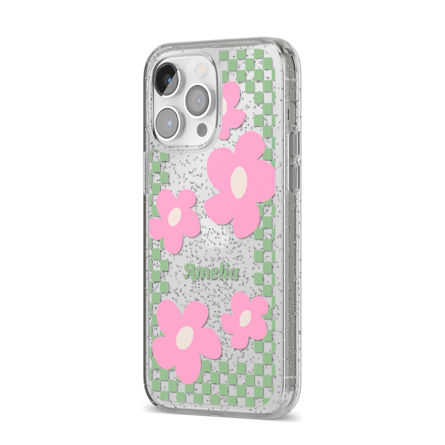 Personalised Check Floral iPhone 14 Pro Max Glitter Tough Case Silver Angled Image