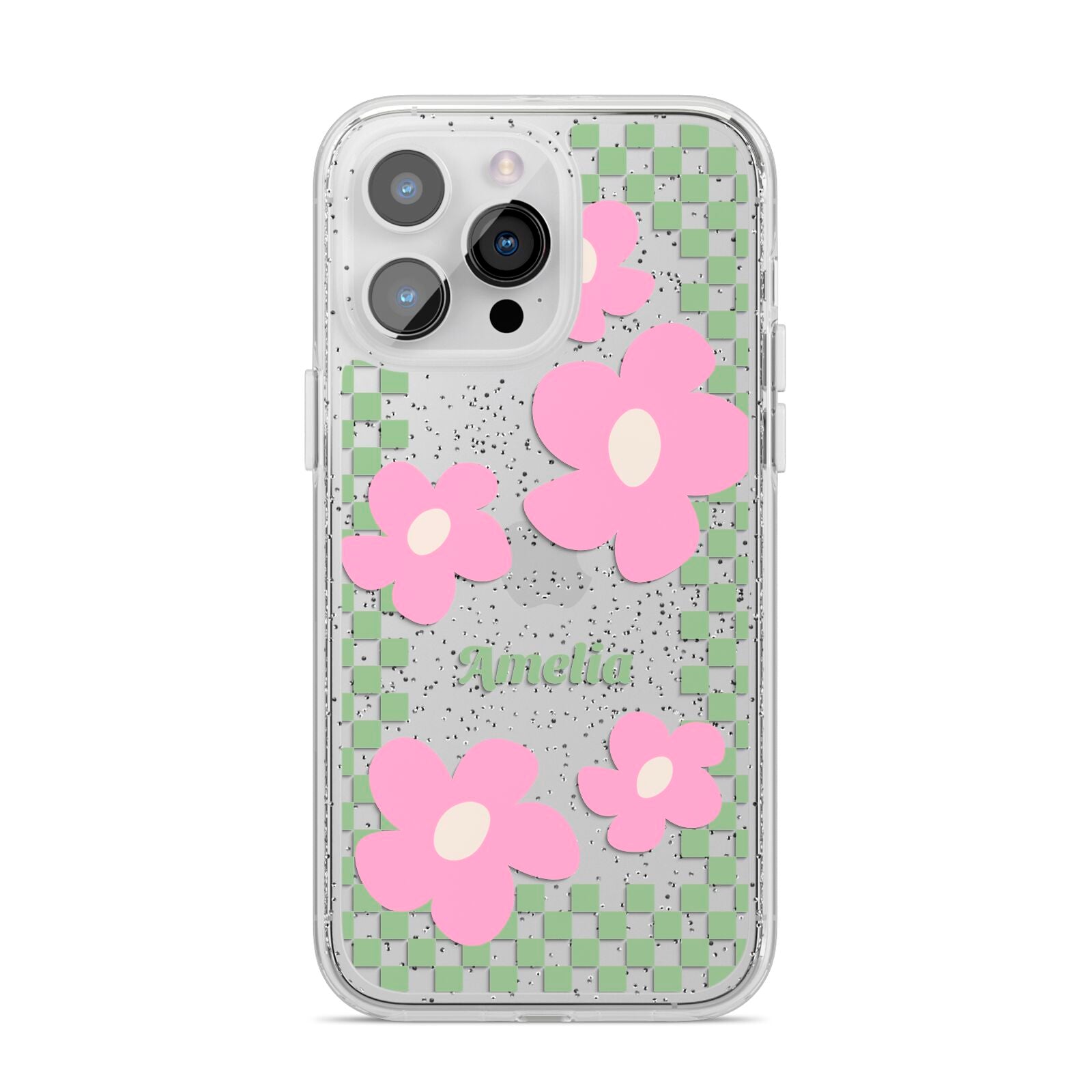 Personalised Check Floral iPhone 14 Pro Max Glitter Tough Case Silver