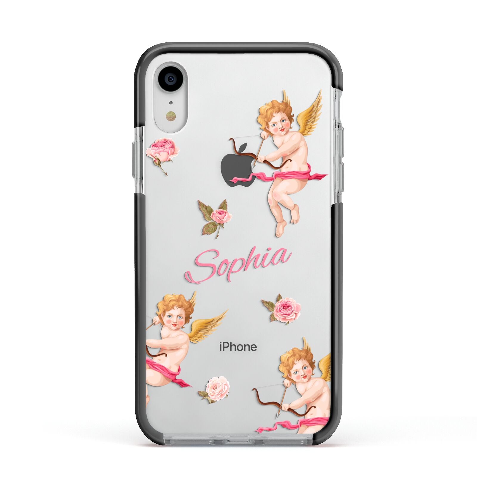 Personalised Cherub Apple iPhone XR Impact Case Black Edge on Silver Phone