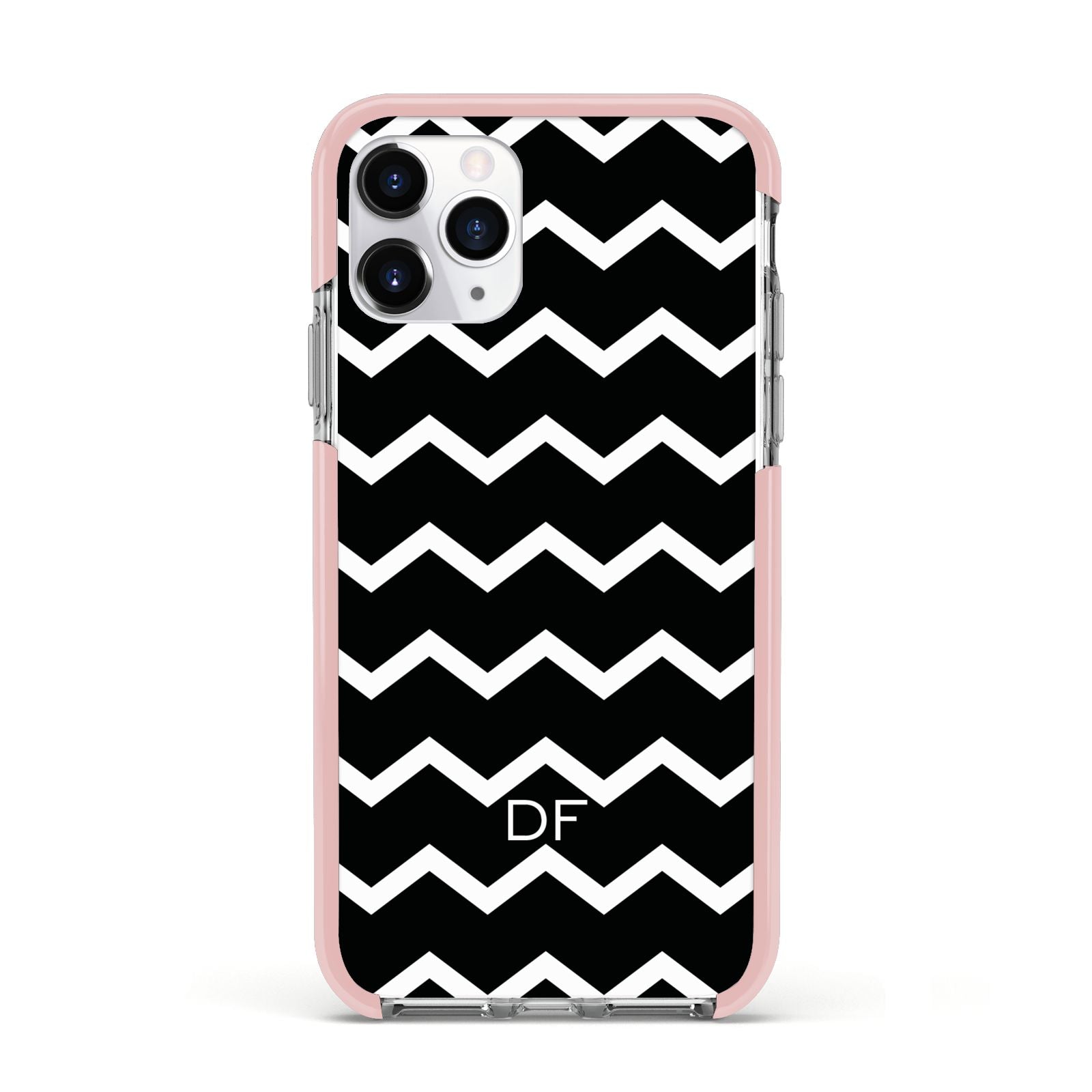 Personalised Chevron Black Apple iPhone 11 Pro in Silver with Pink Impact Case