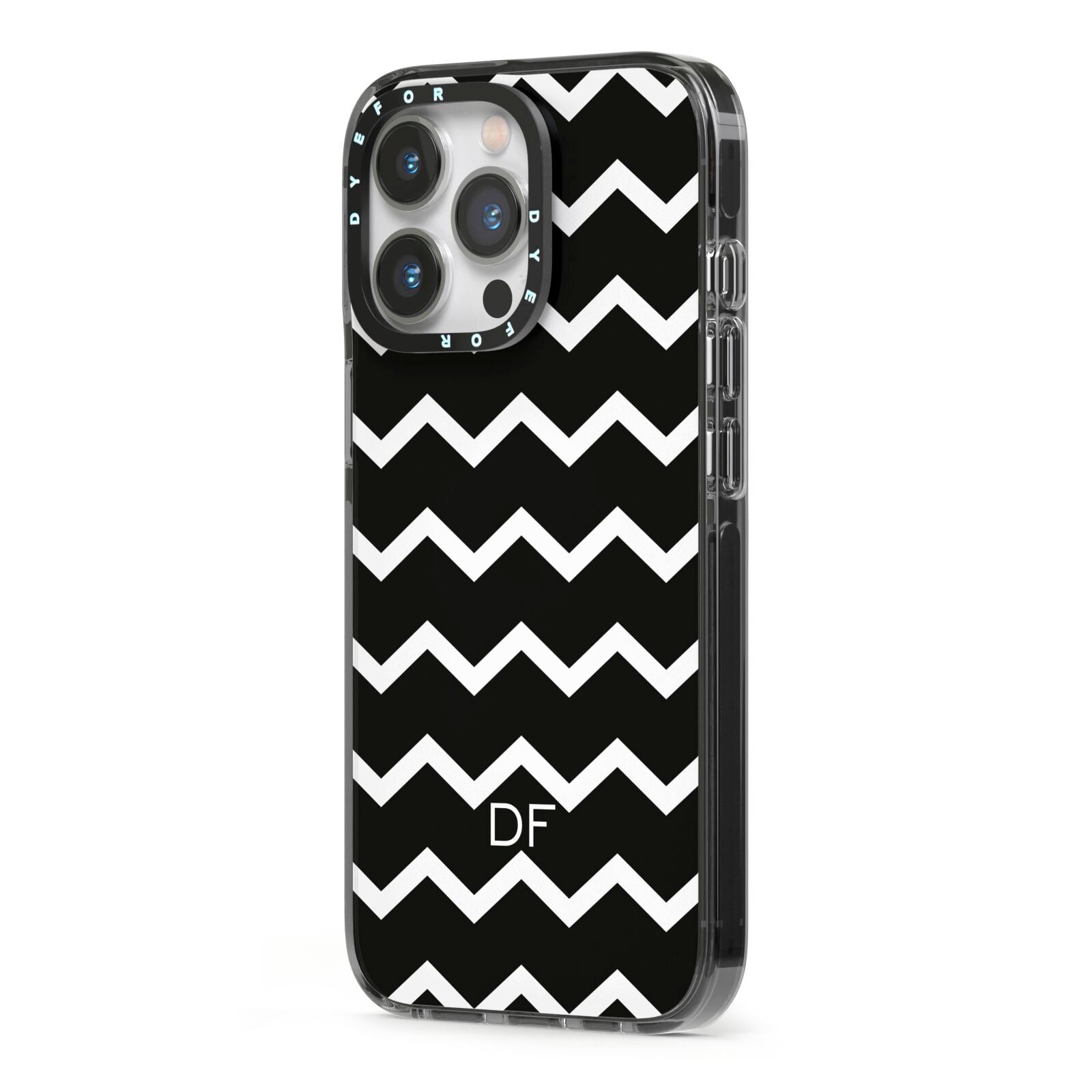 Personalised Chevron Black iPhone 13 Pro Black Impact Case Side Angle on Silver phone