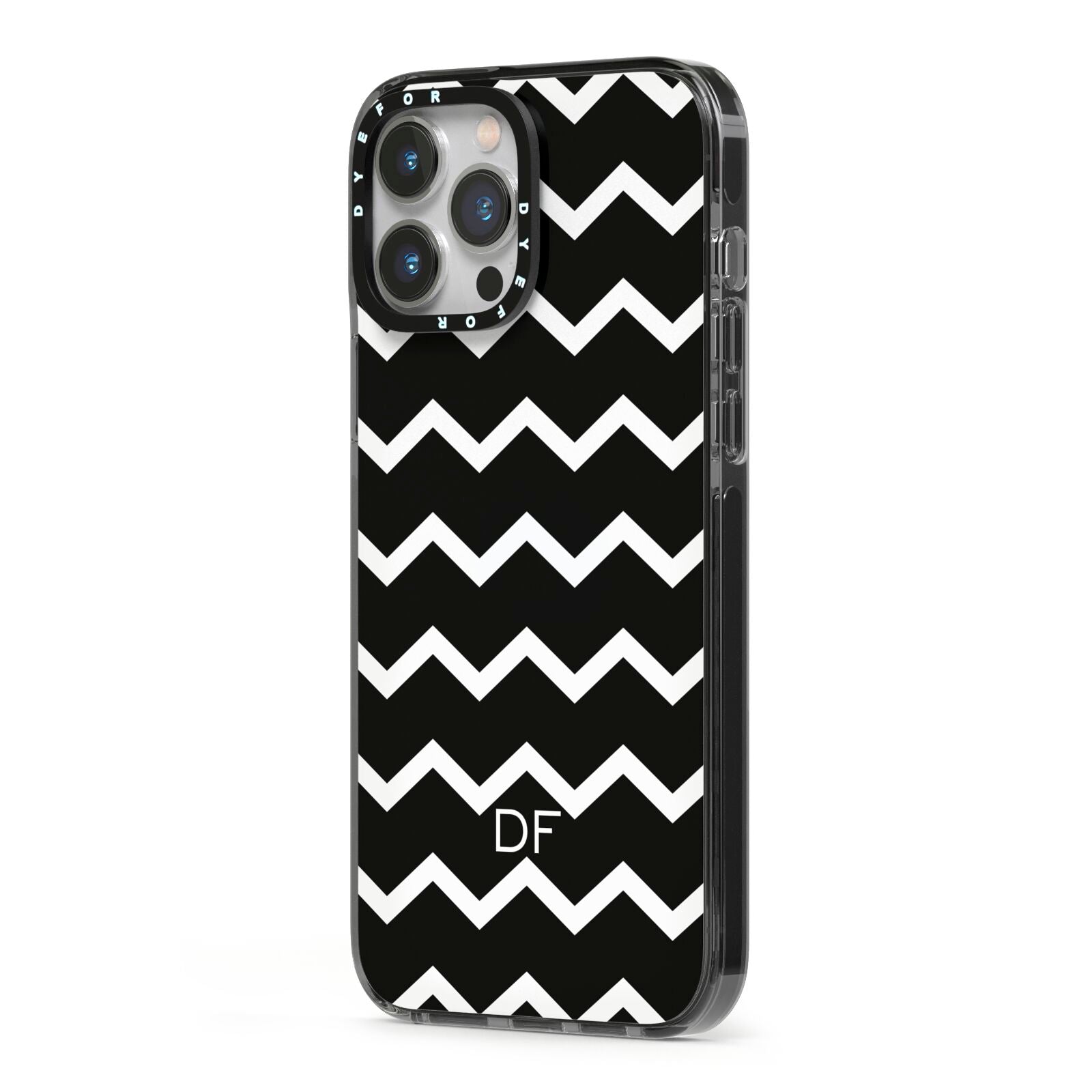 Personalised Chevron Black iPhone 13 Pro Max Black Impact Case Side Angle on Silver phone