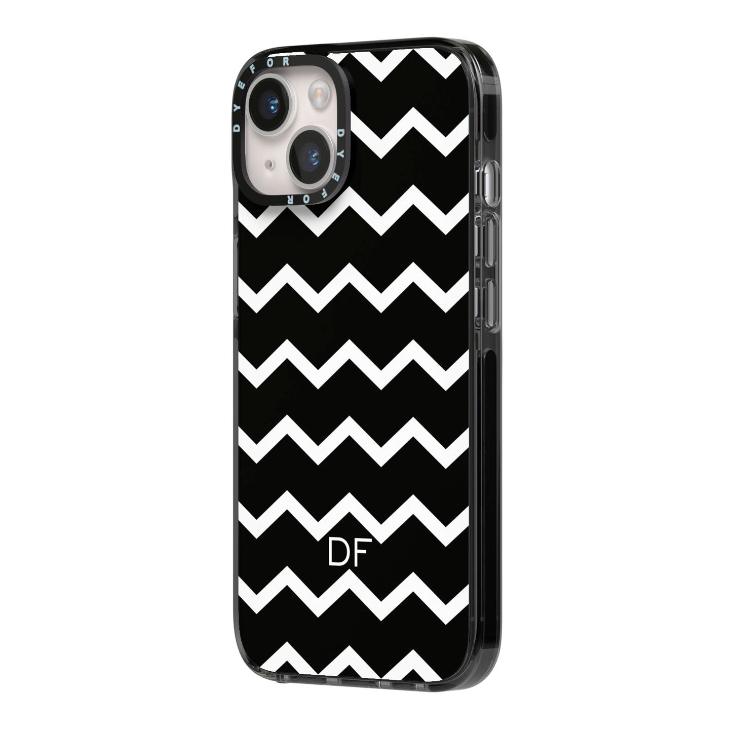 Personalised Chevron Black iPhone 14 Black Impact Case Side Angle on Silver phone