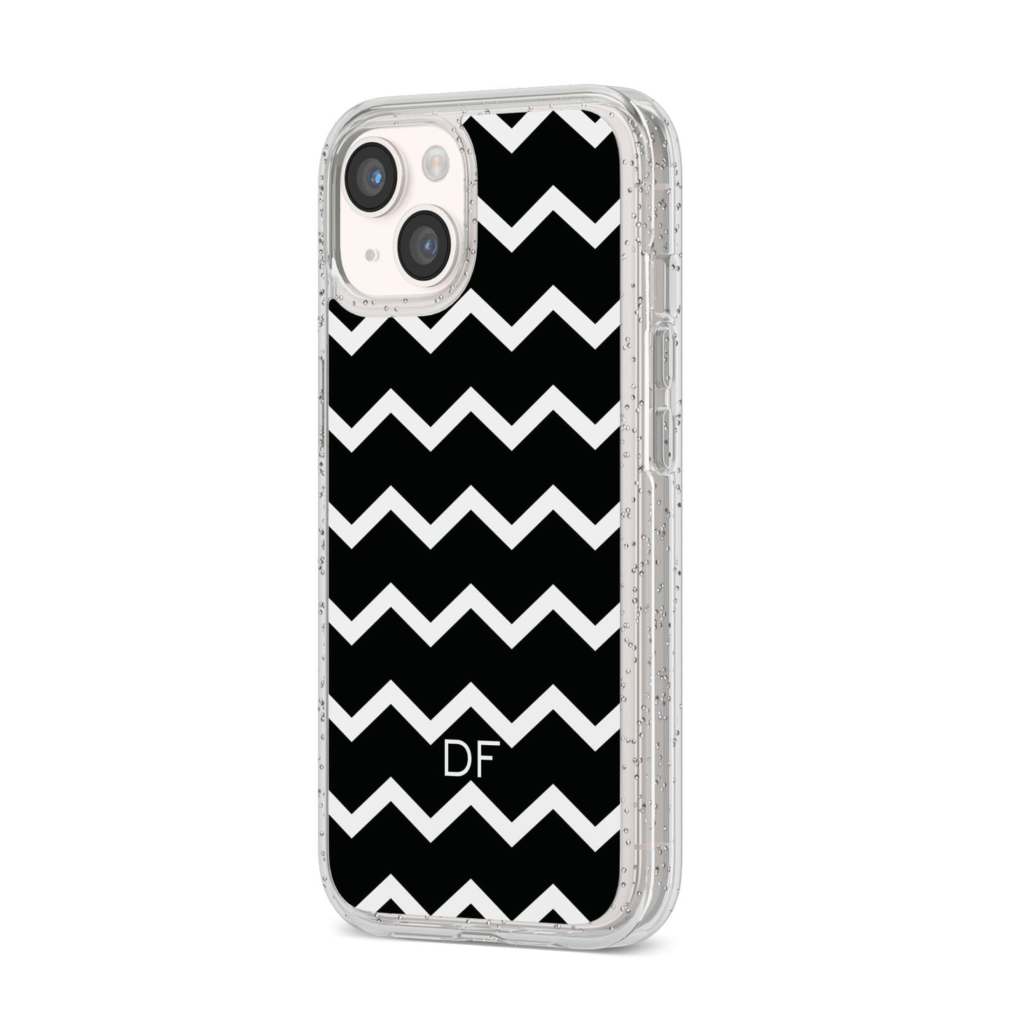 Personalised Chevron Black iPhone 14 Glitter Tough Case Starlight Angled Image