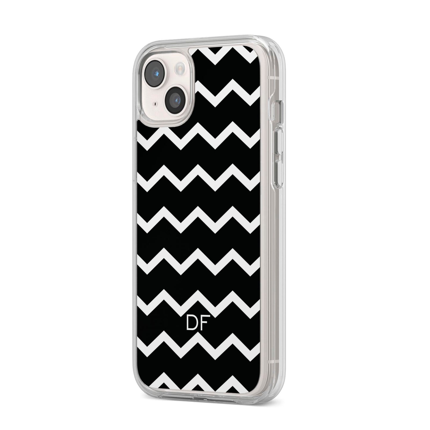 Personalised Chevron Black iPhone 14 Plus Clear Tough Case Starlight Angled Image