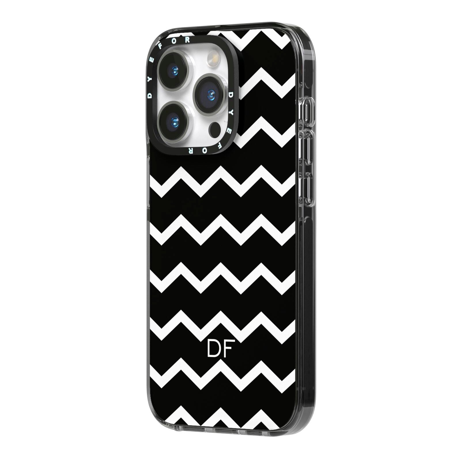 Personalised Chevron Black iPhone 14 Pro Black Impact Case Side Angle on Silver phone