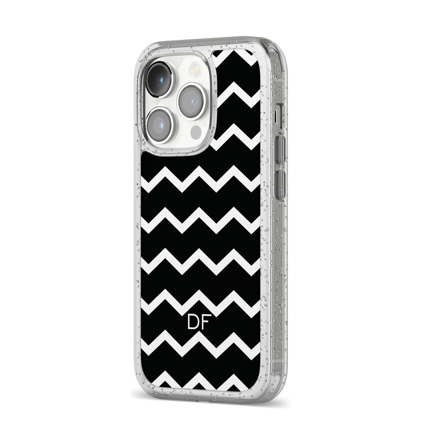 Personalised Chevron Black iPhone 14 Pro Glitter Tough Case Silver Angled Image