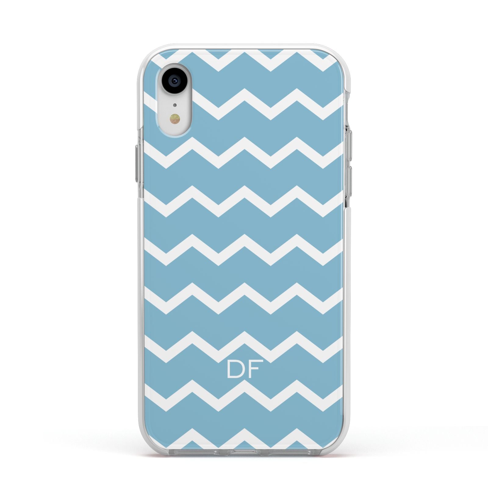 Personalised Chevron Blue Apple iPhone XR Impact Case White Edge on Silver Phone