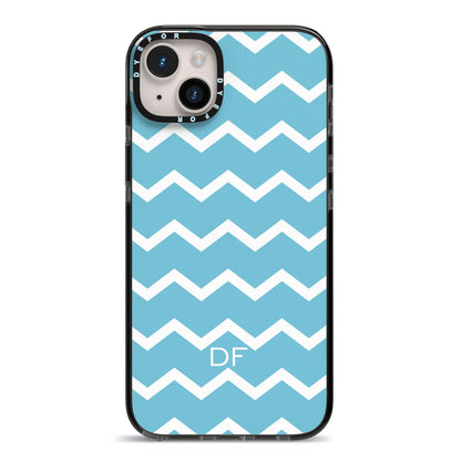 Personalised Chevron Blue iPhone 14 Plus Black Impact Case on Silver phone