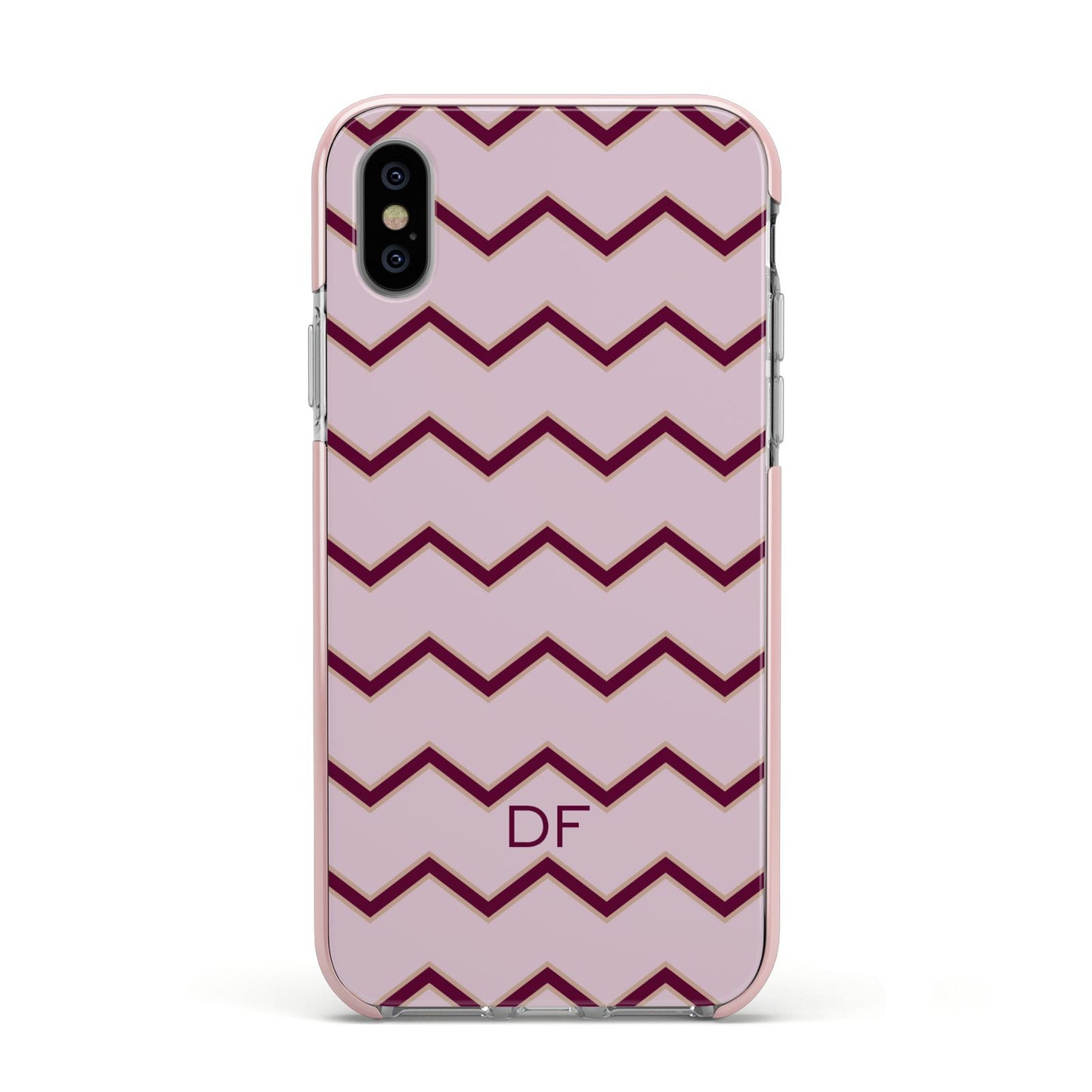 Personalised Chevron Burgundy Apple iPhone Xs Impact Case Pink Edge on Silver Phone