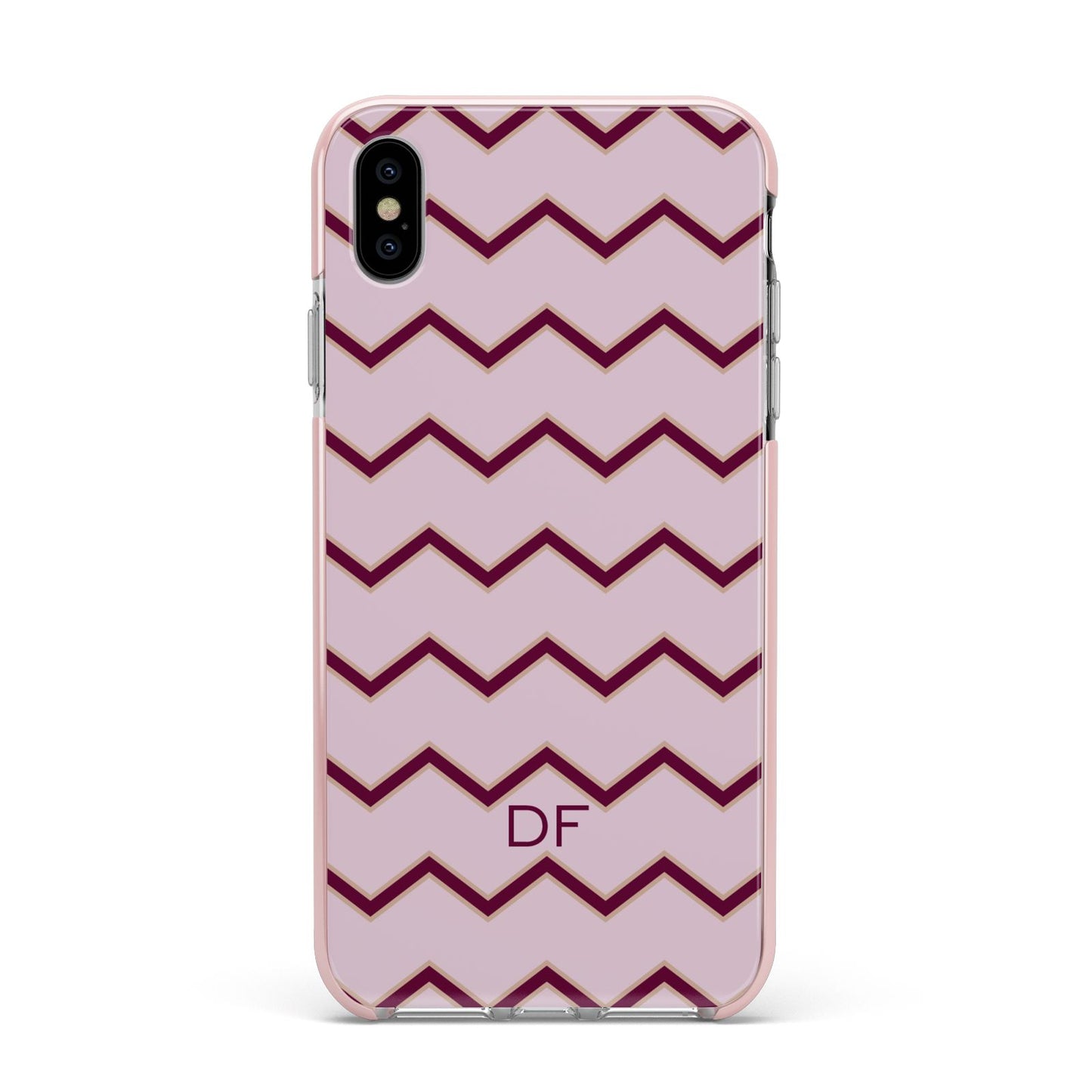 Personalised Chevron Burgundy Apple iPhone Xs Max Impact Case Pink Edge on Silver Phone