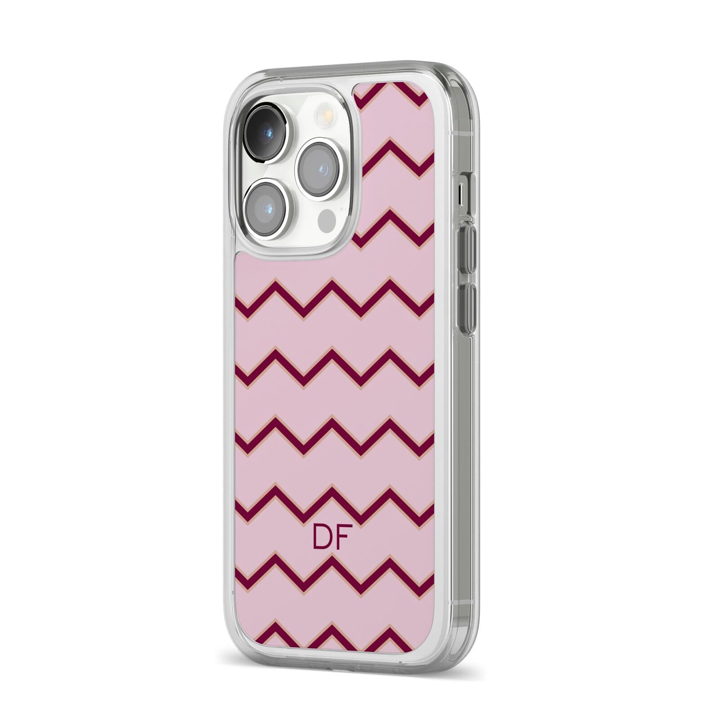 Personalised Chevron Burgundy iPhone 14 Pro Clear Tough Case Silver Angled Image