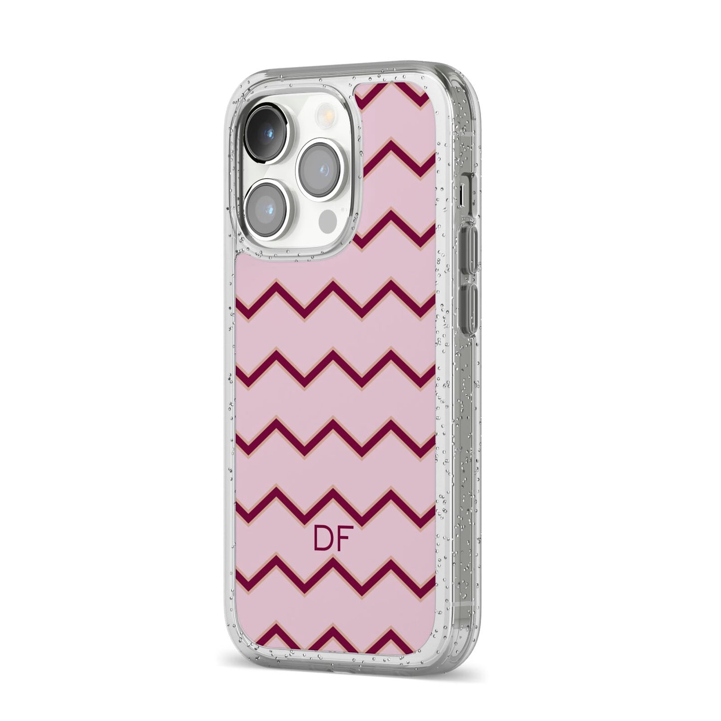 Personalised Chevron Burgundy iPhone 14 Pro Glitter Tough Case Silver Angled Image