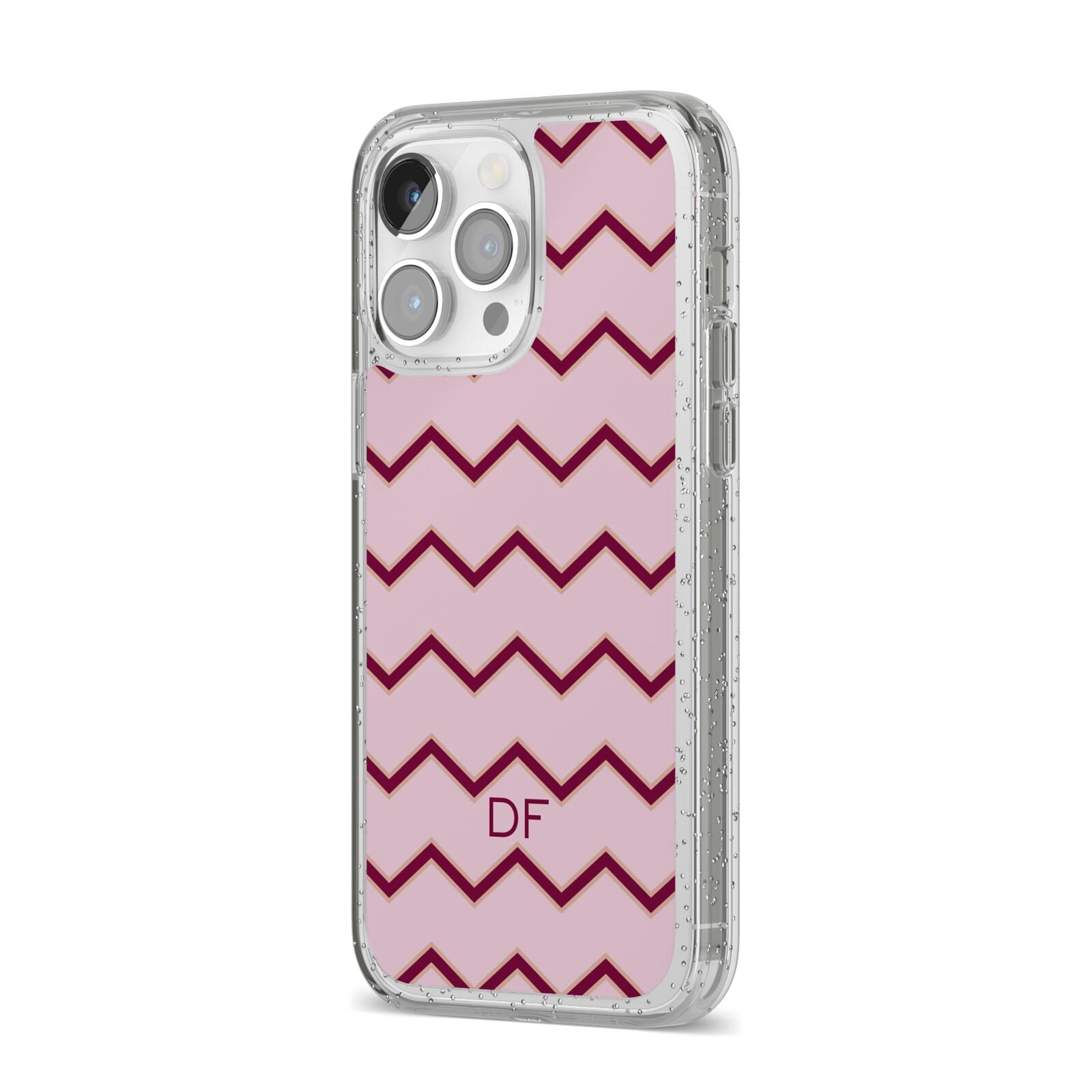 Personalised Chevron Burgundy iPhone 14 Pro Max Glitter Tough Case Silver Angled Image