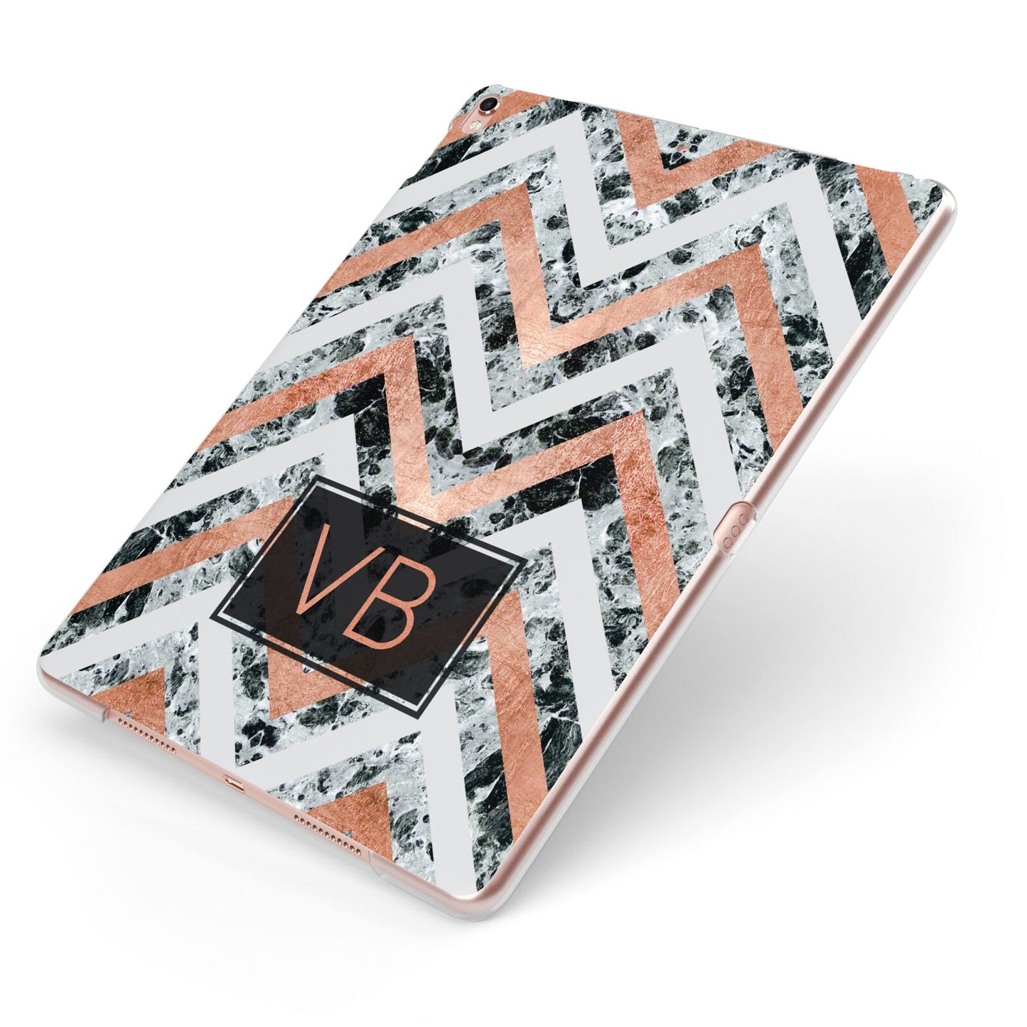 Personalised Chevron Marble Initials Apple iPad Case on Rose Gold iPad Side View