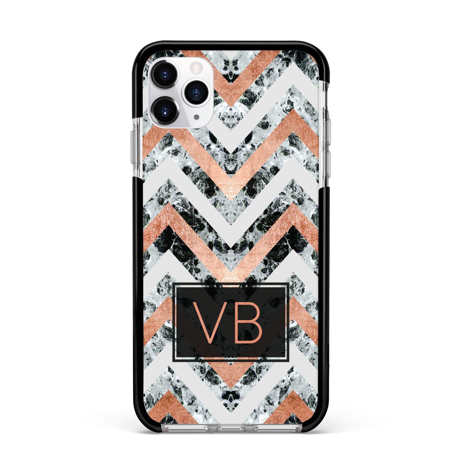Personalised Chevron Marble Initials Apple iPhone 11 Pro Max in Silver with Black Impact Case