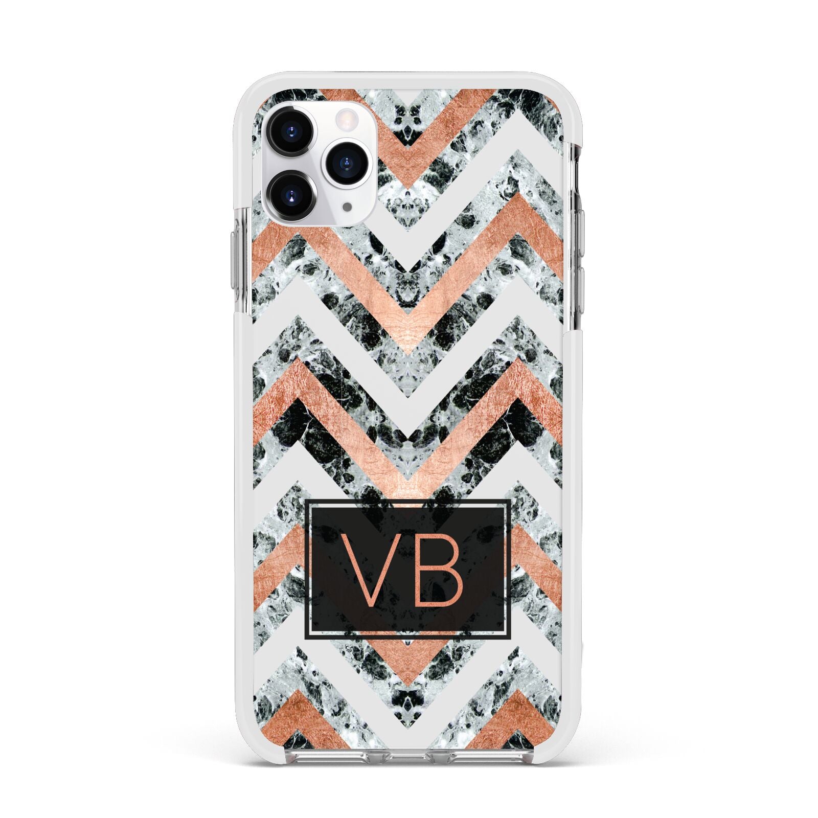 Personalised Chevron Marble Initials Apple iPhone 11 Pro Max in Silver with White Impact Case