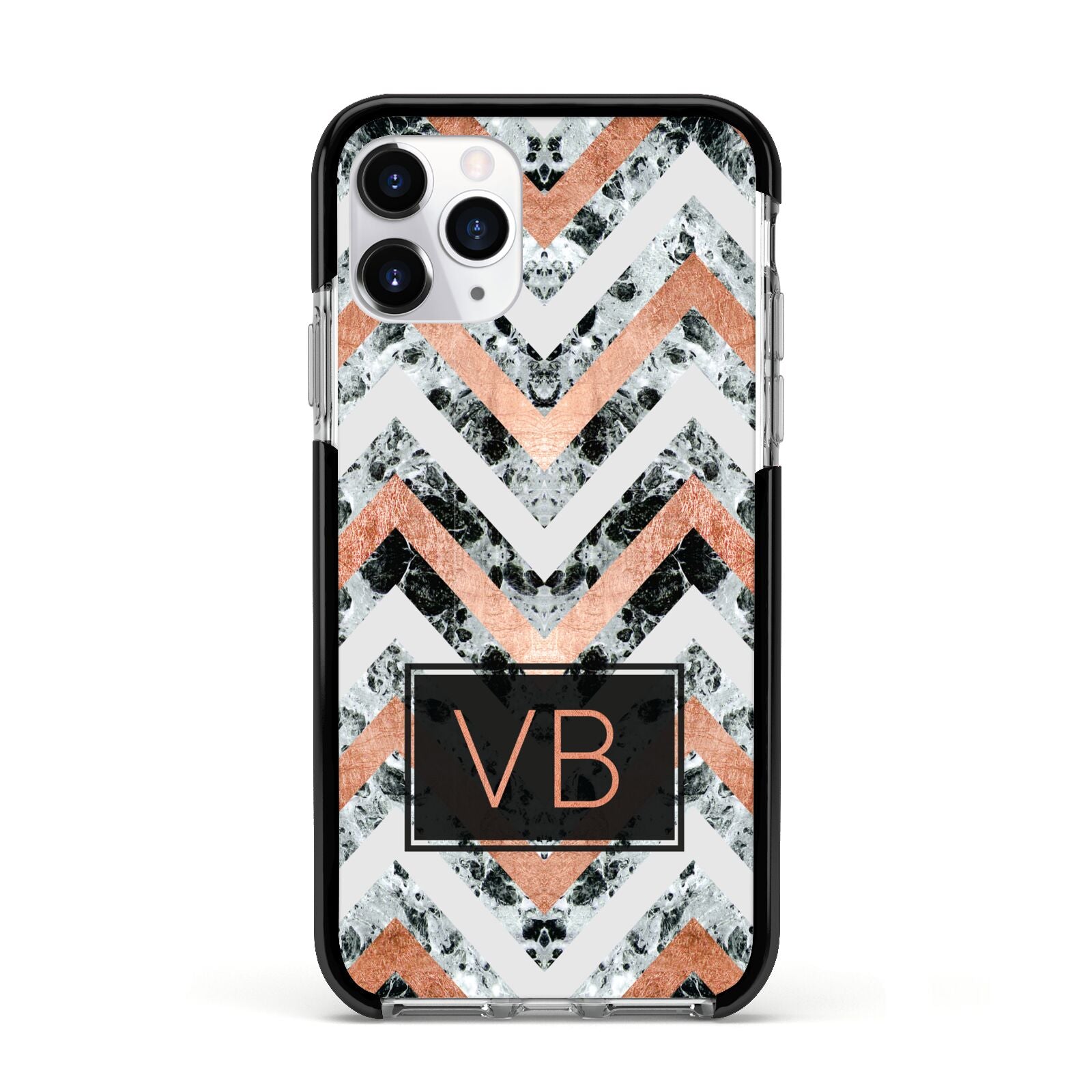 Personalised Chevron Marble Initials Apple iPhone 11 Pro in Silver with Black Impact Case