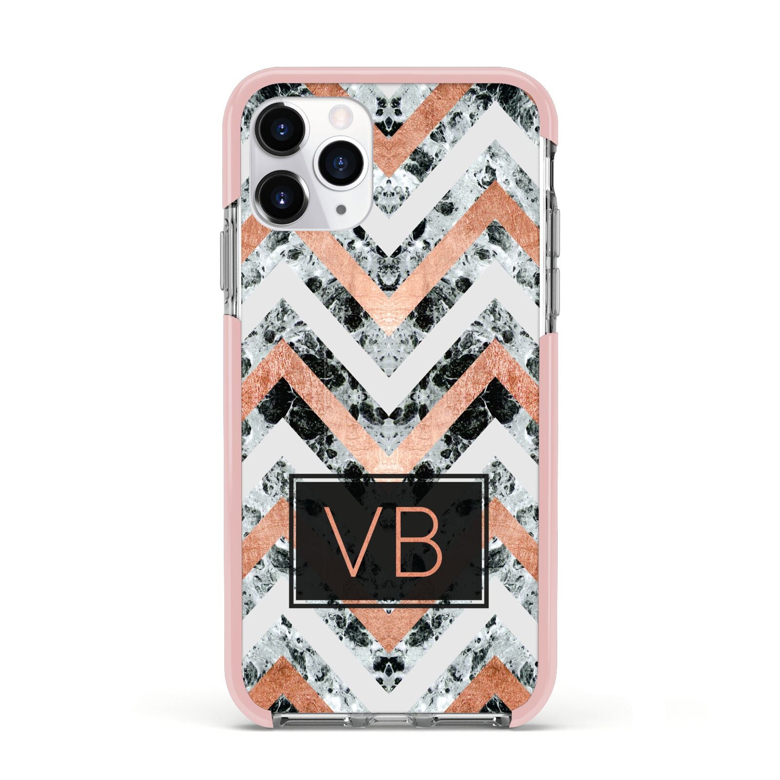 Personalised Chevron Marble Initials Apple iPhone 11 Pro in Silver with Pink Impact Case