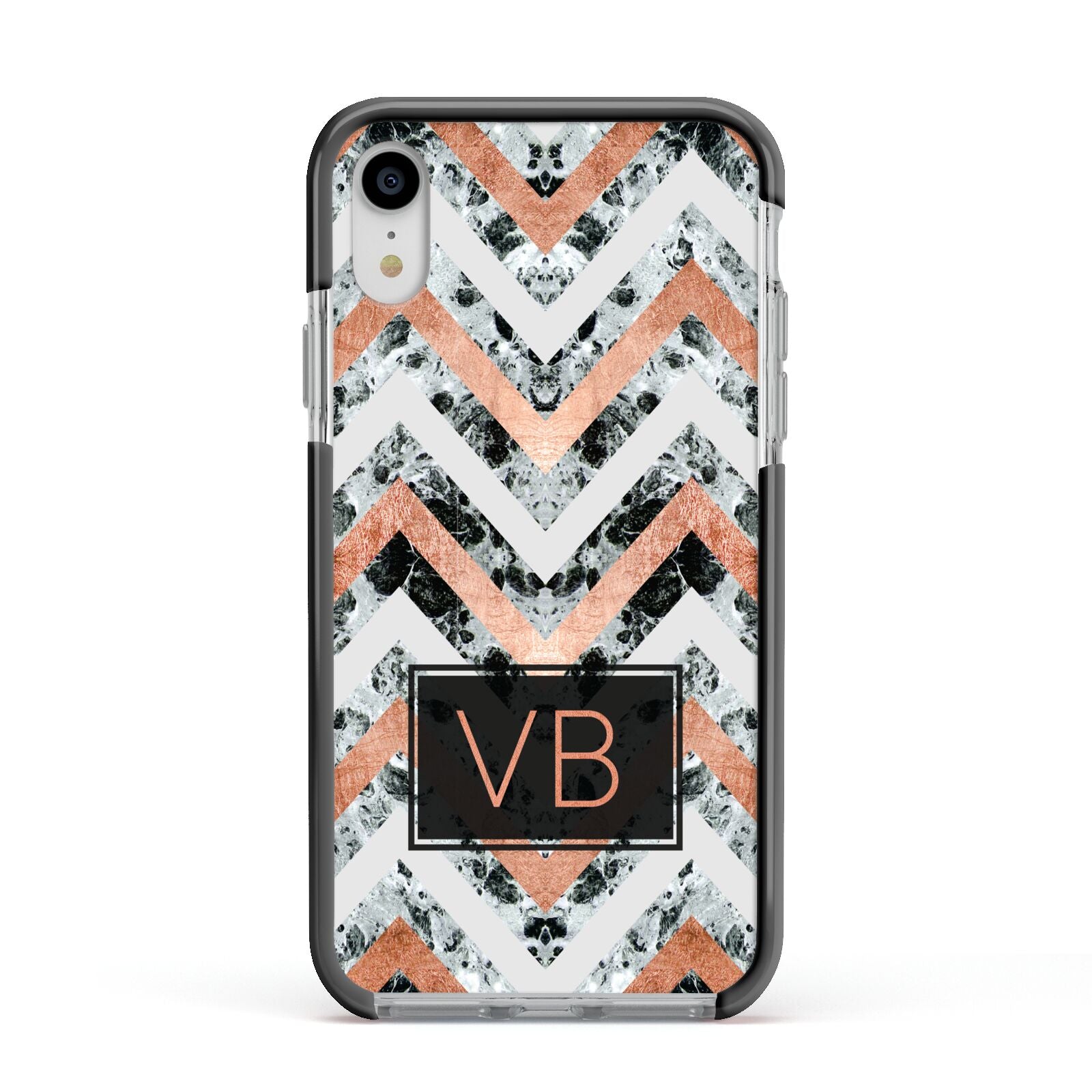 Personalised Chevron Marble Initials Apple iPhone XR Impact Case Black Edge on Silver Phone
