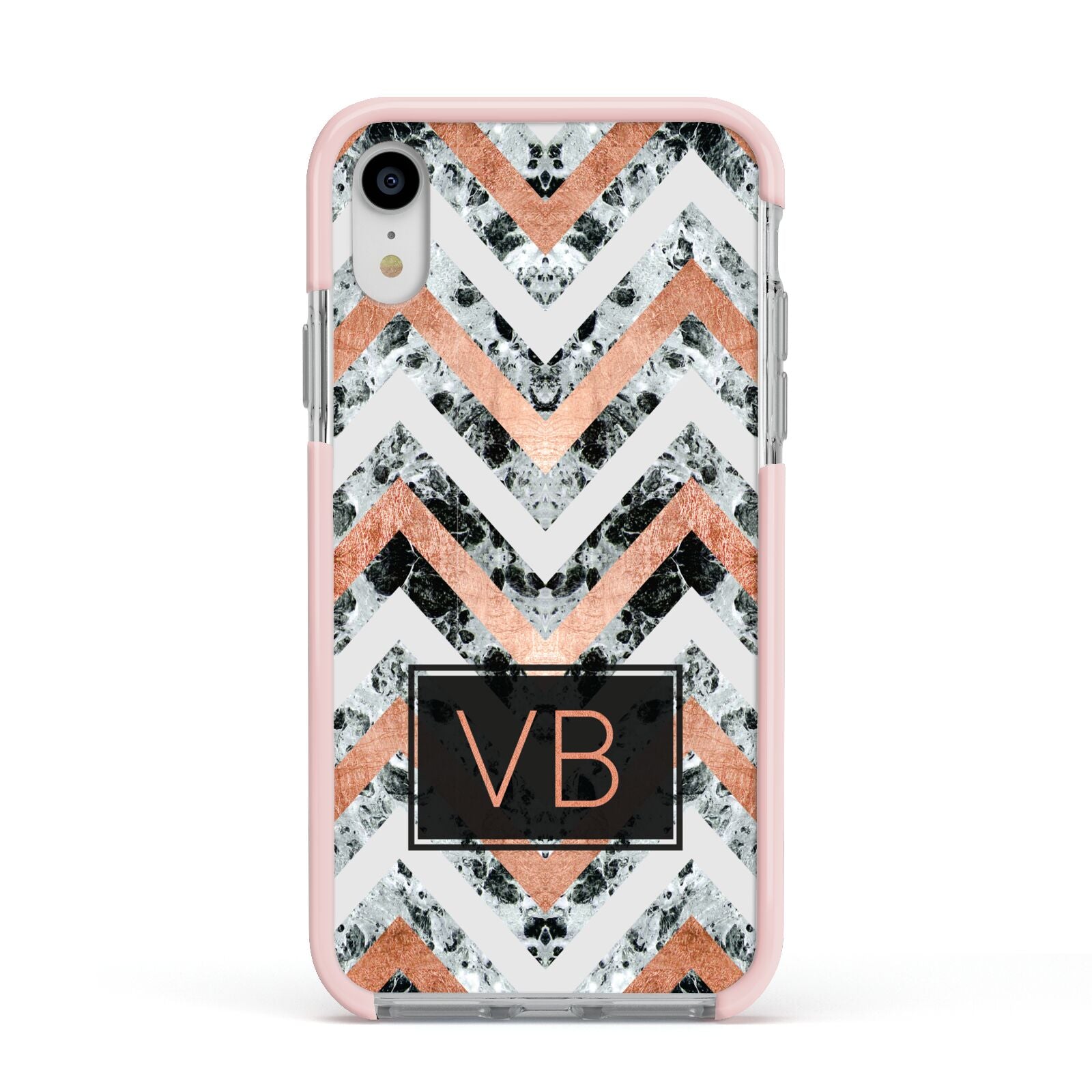 Personalised Chevron Marble Initials Apple iPhone XR Impact Case Pink Edge on Silver Phone