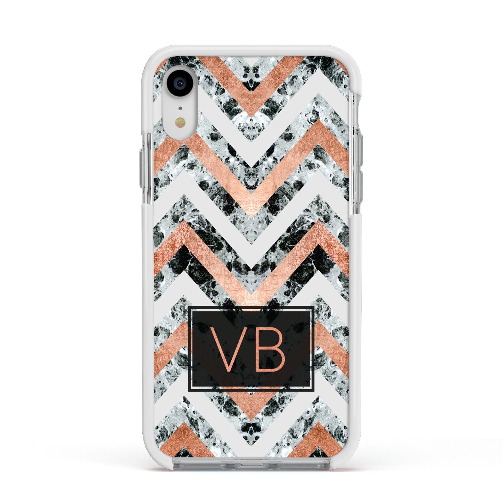 Personalised Chevron Marble Initials Apple iPhone XR Impact Case White Edge on Silver Phone