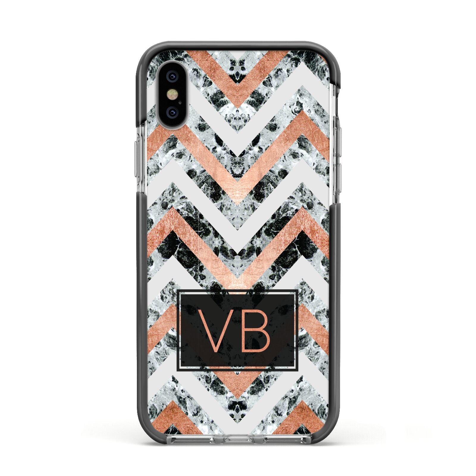 Personalised Chevron Marble Initials Apple iPhone Xs Impact Case Black Edge on Silver Phone