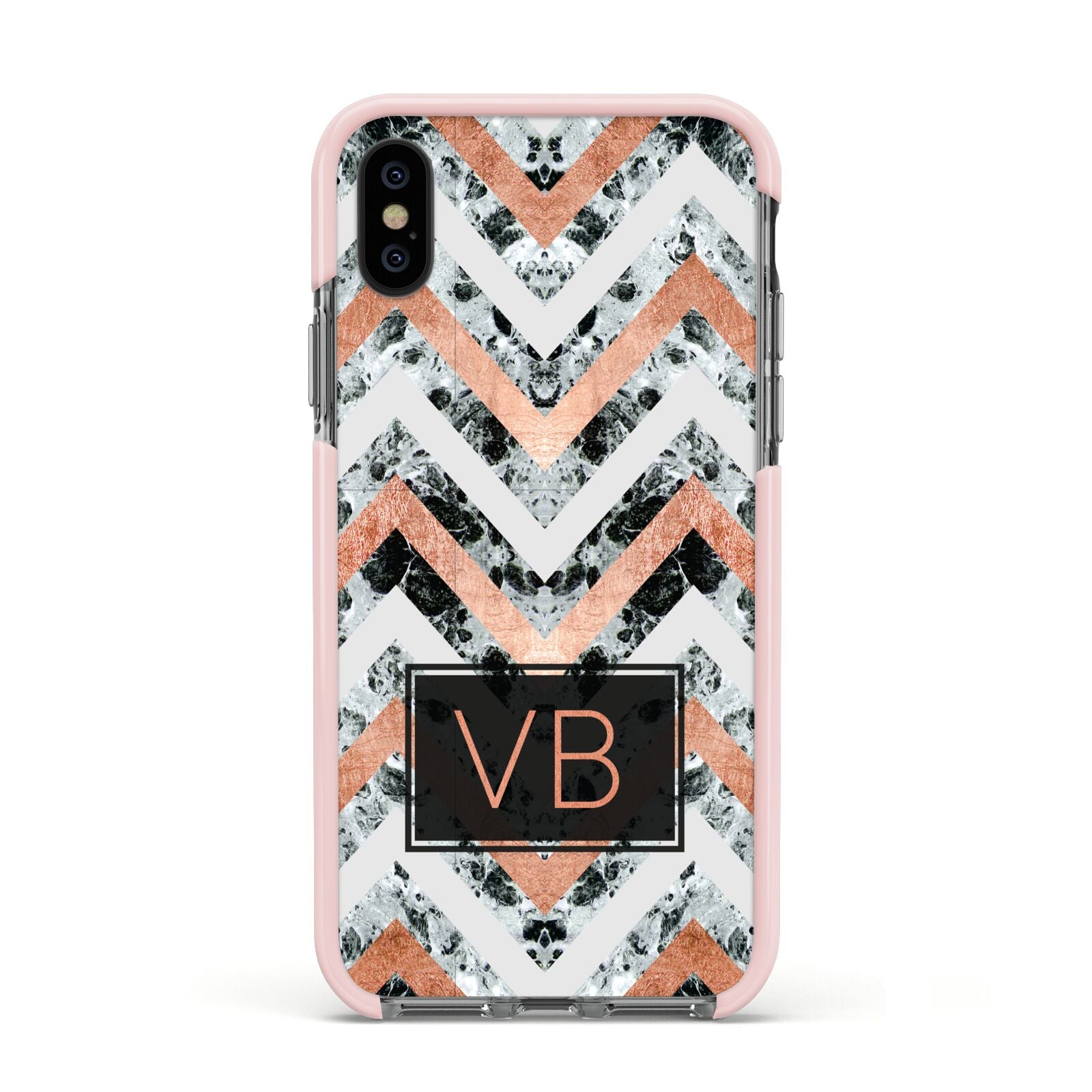 Personalised Chevron Marble Initials Apple iPhone Xs Impact Case Pink Edge on Black Phone