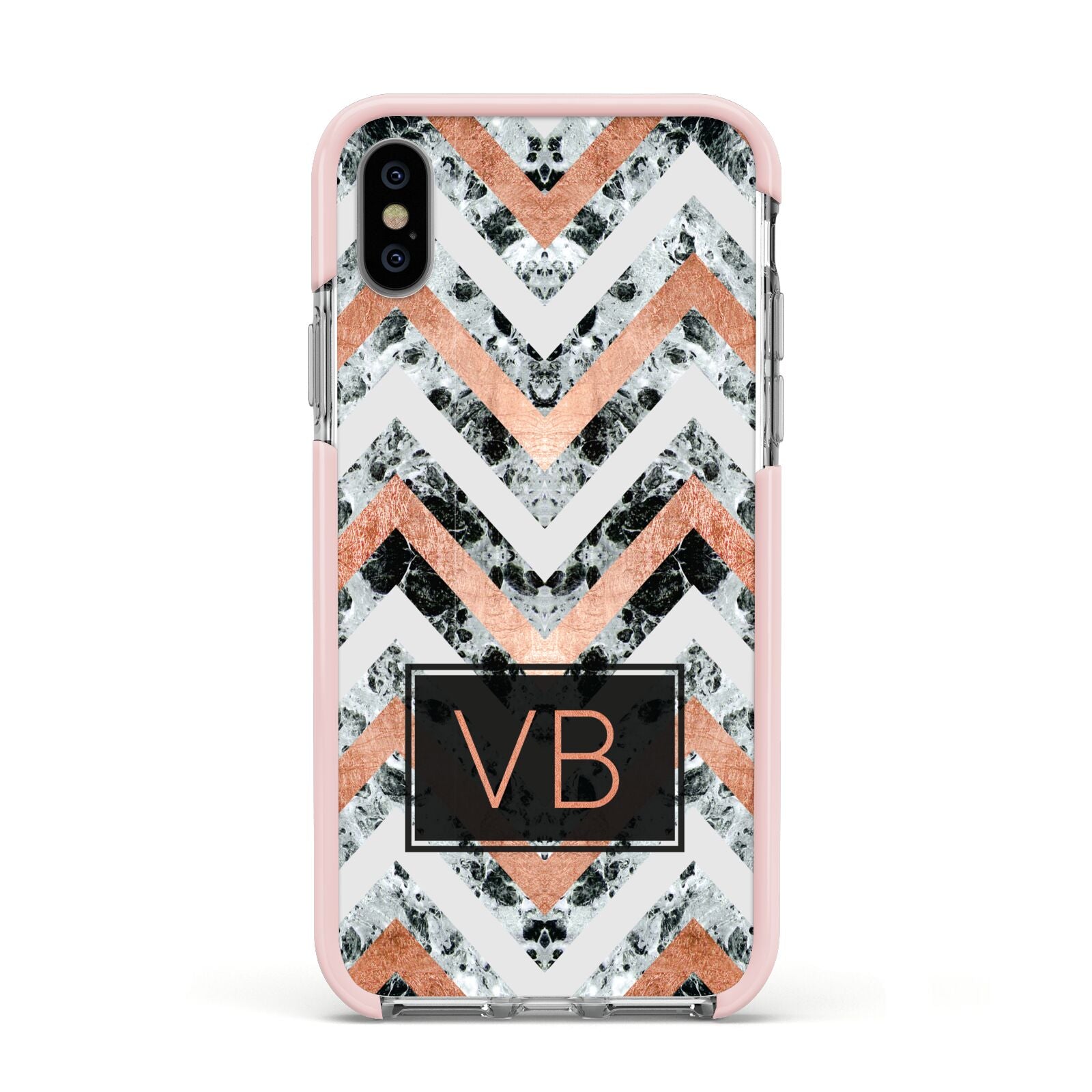 Personalised Chevron Marble Initials Apple iPhone Xs Impact Case Pink Edge on Silver Phone