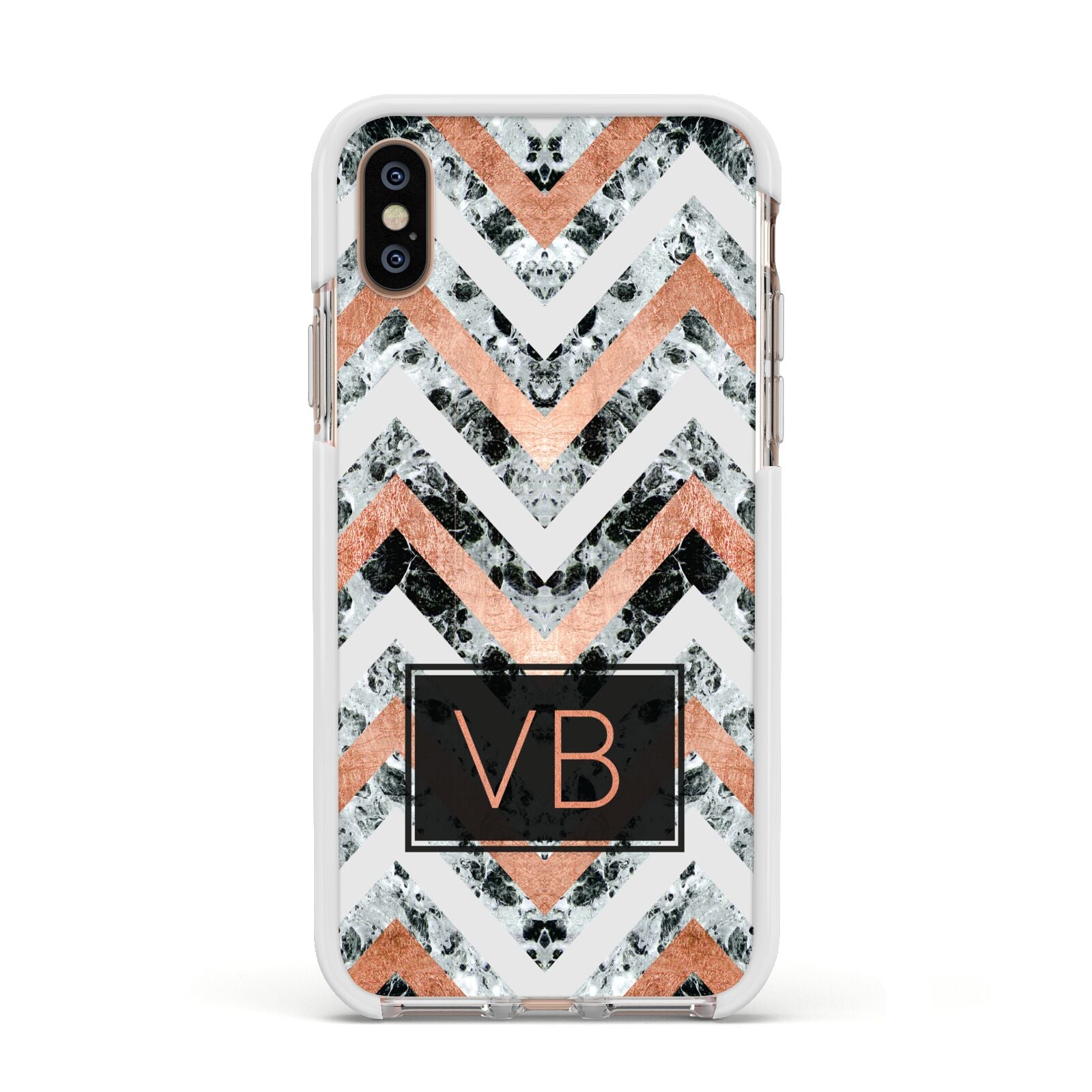 Personalised Chevron Marble Initials Apple iPhone Xs Impact Case White Edge on Gold Phone