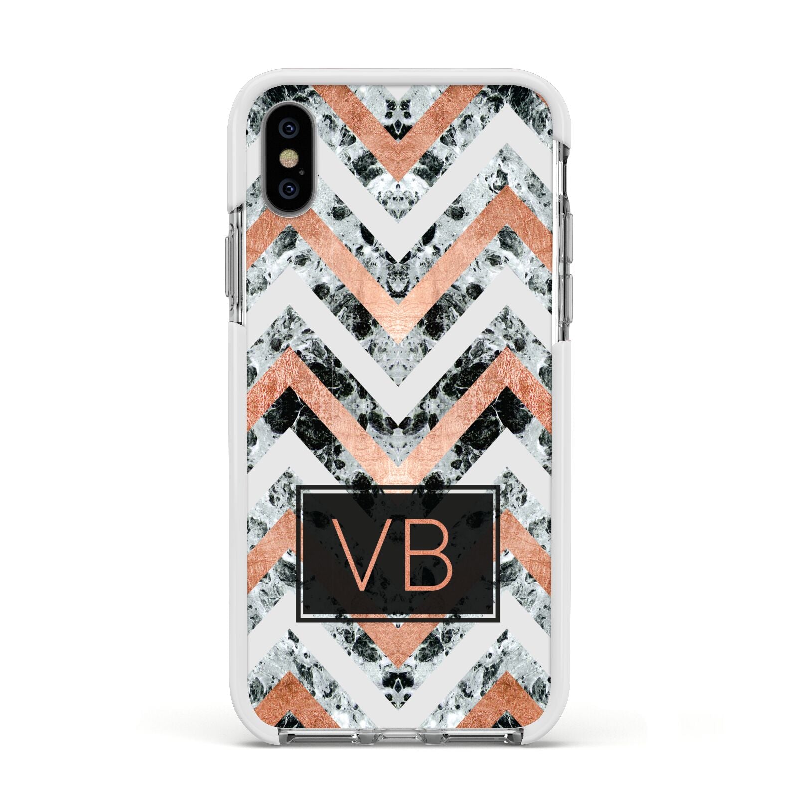 Personalised Chevron Marble Initials Apple iPhone Xs Impact Case White Edge on Silver Phone