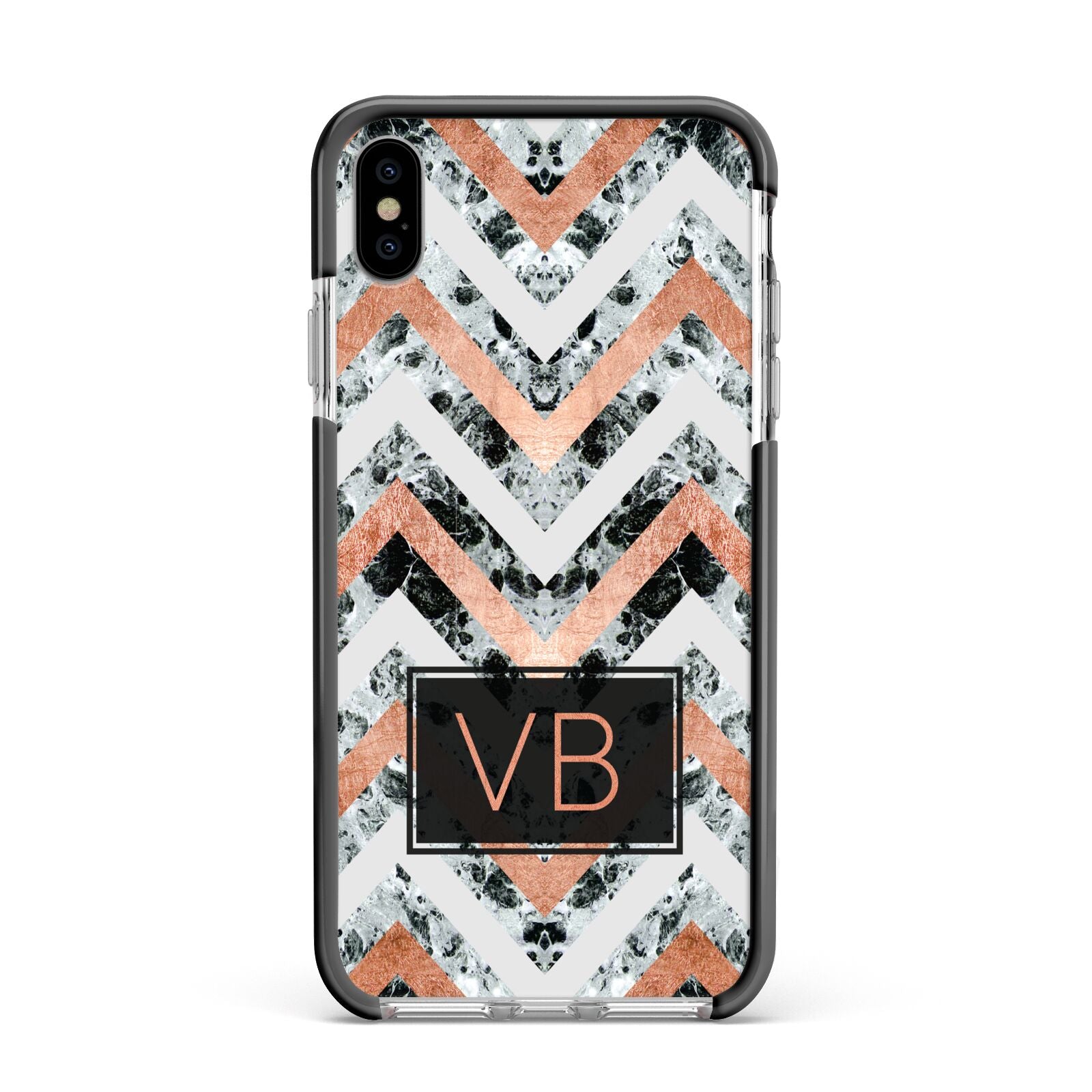 Personalised Chevron Marble Initials Apple iPhone Xs Max Impact Case Black Edge on Silver Phone