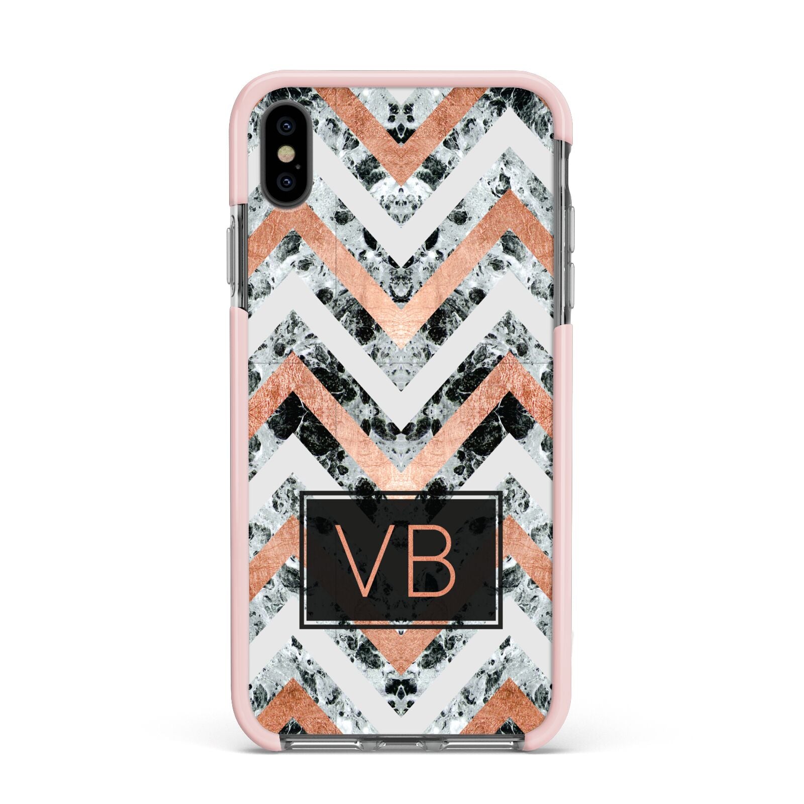 Personalised Chevron Marble Initials Apple iPhone Xs Max Impact Case Pink Edge on Black Phone